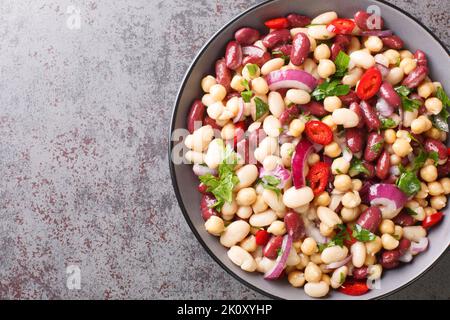 Deliziosa insalata di verdure a tre fagioli con peperoncino e cipolle rosse primo piano in una ciotola sul tavolo. Vista orizzontale dall'alto Foto Stock
