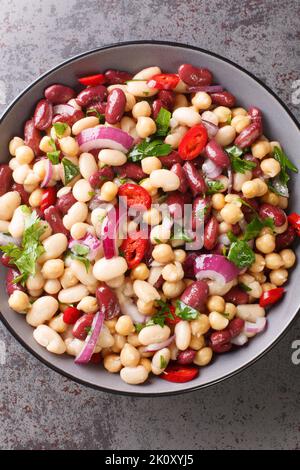 Insalata di tre fagiolini con ceci, cipolle, peperoncini e olio d'oliva in un recipiente sul tavolo. Vista verticale dall'alto Foto Stock