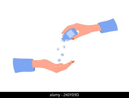 Femmina mano che tiene pillole bottiglia. Concetto di assistenza sanitaria. Donna bevande antidepressivi. Illustrazione vettoriale in stile cartoon piatto. Farmaco e. Illustrazione Vettoriale