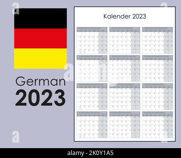 Calendario annuale per il 2023. Pianificatore a parete con spazio libero per appunti. Layout orizzontale, modello con 12 mesi su una pagina. La settimana inizia dal lunedì. Illustrazione Vettoriale