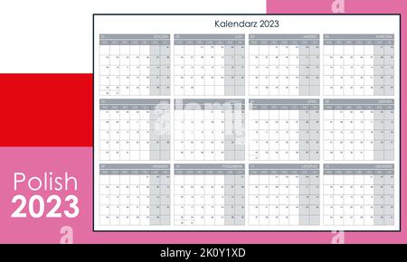 Calendario annuale per il 2023. Pianificatore a parete con spazio libero per appunti. Layout orizzontale, modello con 12 mesi su una pagina. La settimana inizia dal lunedì. Illustrazione Vettoriale