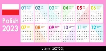Calendario per il 2023. Aspetto semplice e pulito. Figure geometriche, sfondo. Schede tascabili. Muro, calendario ufficio. La settimana inizia lunedì. Polacco. Illustrazione Vettoriale