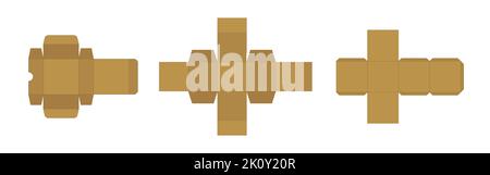 Set di 3 confezioni colorate. Schema della confezione cartacea, layout del modello geometrico, illustrazione vettoriale su sfondo bianco. Illustrazione Vettoriale