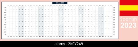 Grande, ampio muro planner per 2023. Tutto l'anno su una pagina. Semplice modello di calendario o pronto per la stampa. Lingua spagnola. Spazio libero per la copia. Illustrazione Vettoriale