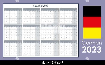 Calendario annuale per il 2023. Pianificatore a parete con spazio libero per appunti. Layout orizzontale, modello con 12 mesi su una pagina. La settimana inizia dal lunedì. Illustrazione Vettoriale