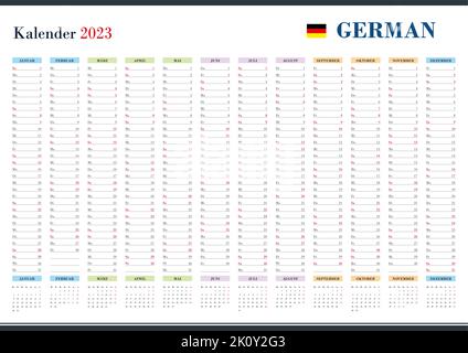 2023 Wall Planner in tedesco. Calendario annuale e organizzatore. Layout semplice a colori. Modello per l'azienda e la famiglia. 12 mesi verticali. Illustrazione Vettoriale