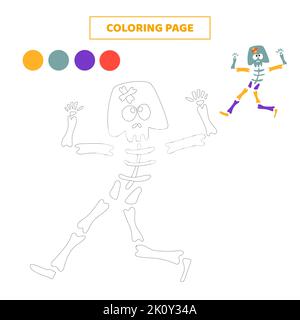 Colorazione page.Color scheletro carino cartone animato. Foglio di lavoro per bambini. Illustrazione Vettoriale