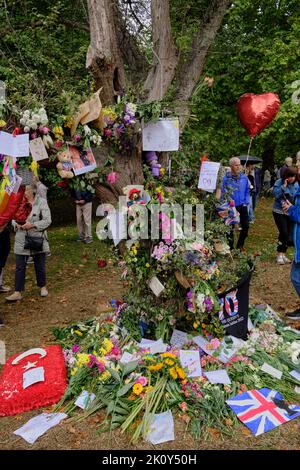 Tributi floreali al festone della Regina, il parco verde di Londra Foto Stock