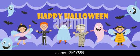 Bambini in costume streghe, vampiro, morte, fantasmi, zucche e pipistrelli, Banner per feste di Halloween. Illustrazione vettoriale Illustrazione Vettoriale