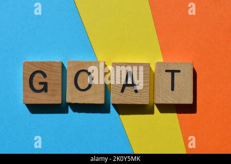 G o A T, acronimo di Greatest of All Time, in lettere alfabetiche di legno isolate su sfondo colorato e luminoso Foto Stock