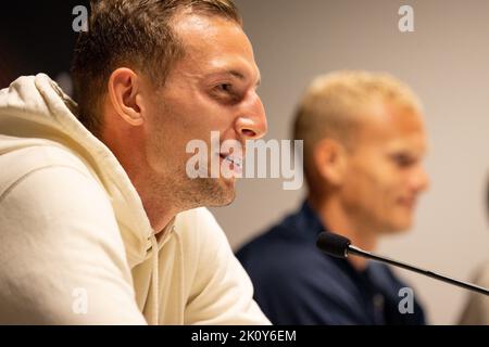 Leuven, Belgio. 14th Set, 2022. Gustaf Nilsson di Union ha illustrato nel corso di una conferenza stampa della squadra di calcio belga Royale Union Saint-Gilloise, mercoledì 14 settembre 2022 a Lovanio, in preparazione della partita di domani contro la squadra svedese FC Malmo, il giorno 2 del palcoscenico del gruppo UEFA Europa League. BELGA PHOTO DAVID PINTENS Credit: Belga News Agency/Alamy Live News Foto Stock