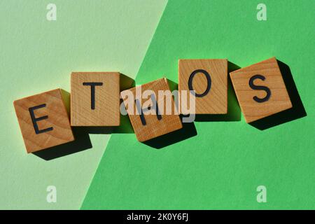 Ethos, parola in lettere di legno alfabeto isolato su sfondo verde Foto Stock