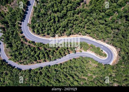 Vista aerea dall'alto delle curve di un'autostrada attraverso una fitta pineta Foto Stock