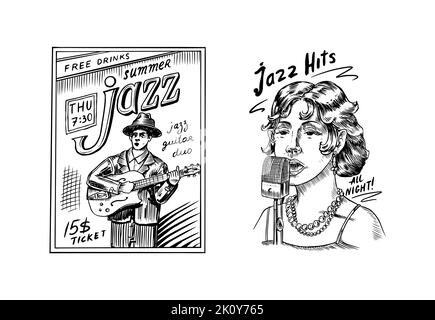 Donna cantante jazz canta in un microfono. Musicista maschile con una chitarra in un cappello su un poster. Logo o badge disegnati a mano. Schizzo. Vettore Doodle Illustrazione Vettoriale