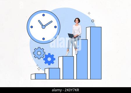 Disegno collage di immagine di signora economista sit grafici statistiche ricerca dati di bilancio isolato su sfondo di colore bianco Foto Stock