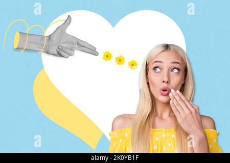 Foto di mano umana nero effetto bianco dimostrare pistola gesto sparare fiori impressionato ragazza pensare amore cuore isolato su sfondo creativo Foto Stock