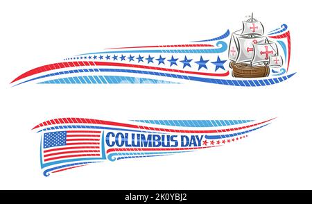 Vector Border per Columbus Day con spazio copia vuoto per testo di congratulazioni, illustrazione di vintage nave, bandiera nazionale americana, decorazioni blu e rosse Illustrazione Vettoriale