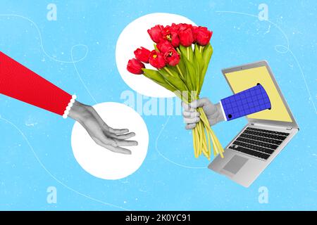 Collage foto di astratto online laptop internet tenere bouquet fiori rossi mano attraverso la salite schermo isolato su sfondo di colore blu Foto Stock