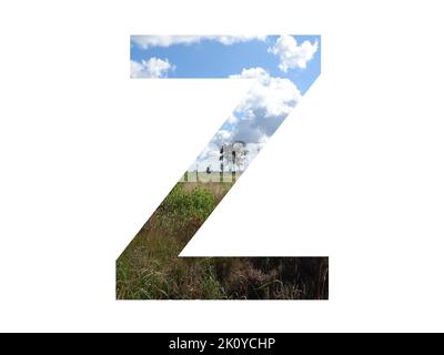 Lettera Z dell'alfabeto fatto con paesaggio con nuvole, cielo azzurro, alberi, sole, erba e brughiera, con colori blu, bianco, verde, rosa e giallo Foto Stock
