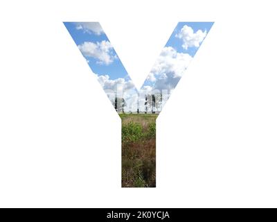 Lettera Y dell'alfabeto fatta con paesaggio con nuvole, cielo azzurro, alberi, sole, erba e brughiera, con colori blu, bianco, verde, rosa e giallo Foto Stock