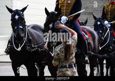 I cavalli che sono tendenzialmente membri della Royal Horse Artillery, la truppa del Re, attaccano la carrozza delle armi alla Wellington Barracks, nel centro di Londra, davanti alla processione cerimoniale della bara della Regina Elisabetta II da Buckingham Palace alla Westminster Hall, Londra. Data immagine: Mercoledì 14 settembre 2022. Foto Stock