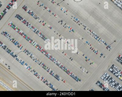 Vista dall'alto verso il basso del deposito di automobili di importazione ed esportazione nel porto. Industria automobilistica nuovi veicoli parcheggiati lotto pronto per la spedizione Foto Stock