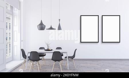 Due cornici nere verticali vuote simulano il design in una luminosa sala da pranzo con pavimento in legno di quercia Foto Stock