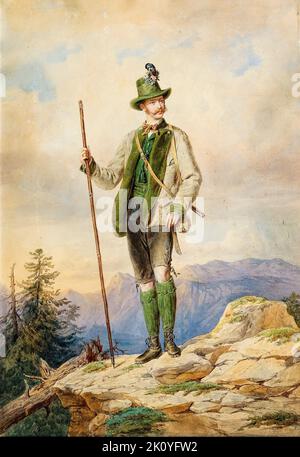 Francesco Giuseppe i, (1830-1916), Imperatore d'Austria, (1848-1916), in costume da caccia, ritratto dipinto in acquerello, non datato, artista sconosciuto Foto Stock