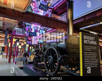 Stephenson's Rocket in prestito per una mostra temporanea al Museo della Scienza e dell'industria. Robert Stephenson Foto Stock