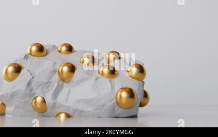 Pietra bianca astratta con sfere d'oro. Sfondo della vetrina di prodotti e cosmetici. Rendering 3D Foto Stock