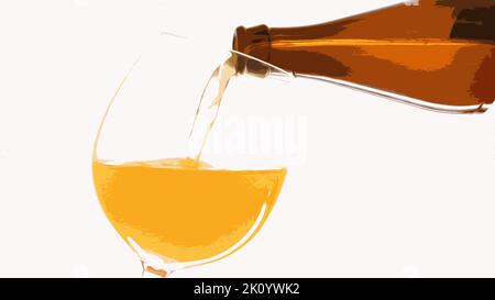 Primo piano illustrazione del bicchiere di vino trasparente riempito con vino giallo bianco dolce o altro alcool versato da una bottiglia di vetro marrone. Sfondo bianco. Illustrazione di alta qualità Foto Stock