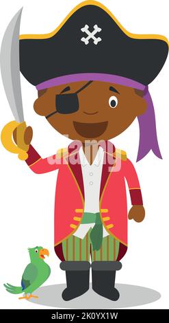 Carino cartoon vettoriale illustrazione di un pirata nero o afroamericano. Illustrazione Vettoriale