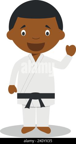Carino cartoon vettore illustrazione di un nero o afro americano maschio karateka. Illustrazione Vettoriale