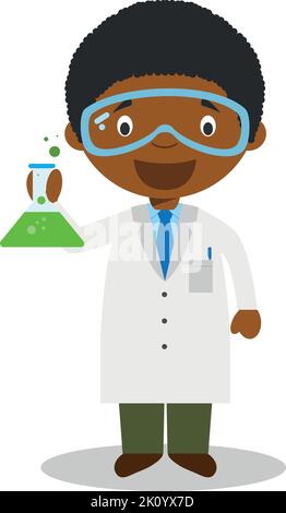 Carino cartoon vettore illustrazione di uno scienziato maschio nero o afroamericano. Illustrazione Vettoriale