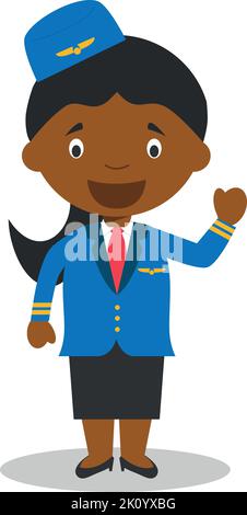 Carino cartoon vettoriale illustrazione di un nero o afroamericano stewardess. Illustrazione Vettoriale