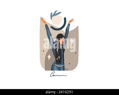 Disegno a mano vettoriale stock astratto grafico piatto con zodiaco segno astrologico contemporaneo cancro con bellezza magia carattere femminile Illustrazione Vettoriale