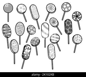 Disegno a linee in bianco e nero, che mostra una selezione di lollipop ghiacciati decorati con colori vivaci. Ideale per powerpoint, colorazione nei fogli delle attività. Foto Stock