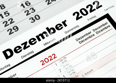 Calendario tedesco 2022 dicembre 1 e Lunedi Martedì Mercoledì Giovedi Venerdì Sabato Domenica Foto Stock