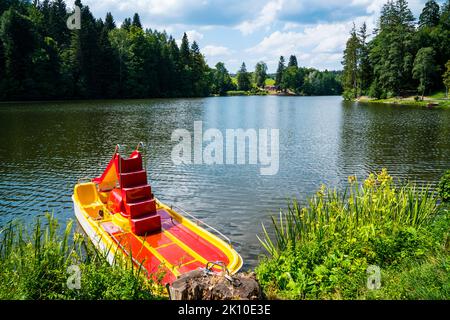 Germania, pedalò al lago ebnisee nella bella foresta sveva vicino a kaiserbach e welzheim in estate Foto Stock