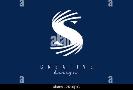 Logo S con lettere bianche con linee di punta e design con spazi negativi. Lettera con disegni geometrici e creativi. Illustrazione vettoriale con lettera. Illustrazione Vettoriale