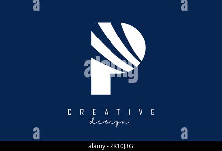 Logo P con lettere bianche con linee di punta e design con spazi negativi. Lettera con disegni geometrici e creativi. Illustrazione vettoriale con lettera. Illustrazione Vettoriale