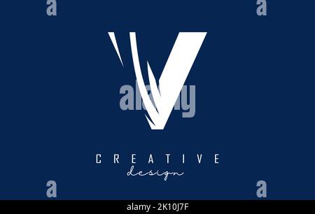 Logo V bianco con linee di punta e design con spazi negativi. Lettera con disegni geometrici e creativi. Illustrazione vettoriale con lettera. Illustrazione Vettoriale