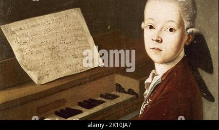 WOLFGANG AMADEUS MOZART (1756-1791) dettaglio di un dipinto del 1768 che suona la spinetta Foto Stock