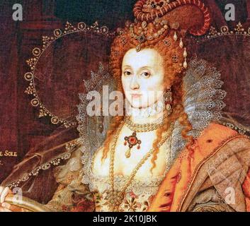 TQUEEN ELIZABETH i (1533-1603) dettaglio del 'Ritratto dell'Arcobaleno' dipinto all'inizio del 17th° secolo da Isaac Oliver Foto Stock