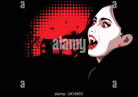 Ritratto di una donna vampiro con occhi rossi e labbra, capelli neri e casa con alberi spoky. Illustrazione Vettoriale