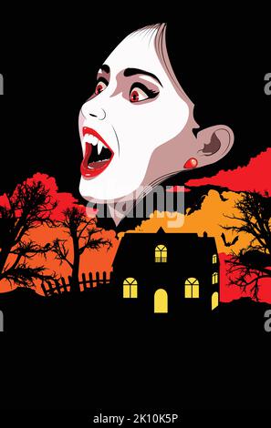 Ritratto di una donna vampiro con occhi rossi e labbra, capelli neri e casa con alberi spoky. Illustrazione Vettoriale