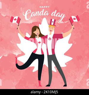 Coppia felice cartone animato che sventolano le bandiere del Canada Happy Canada Day Vector Illustrazione Vettoriale