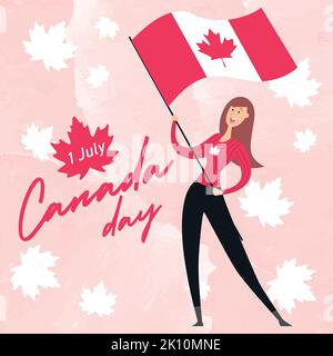 Personaggio ragazza felice che sventola una bandiera del Canada Happy Canada Day Vector Illustrazione Vettoriale
