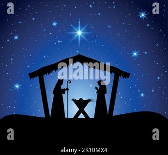Presepe di Natale con il bambino Gesù, Maria e Giuseppe nella mangiatoia. Tradizionale storia cristiana di natale. Illustrazione vettoriale per bambini. Illustrazione Vettoriale