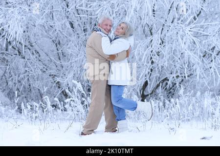 La coppia anziana di Nicel gioisce insieme in inverno Foto Stock